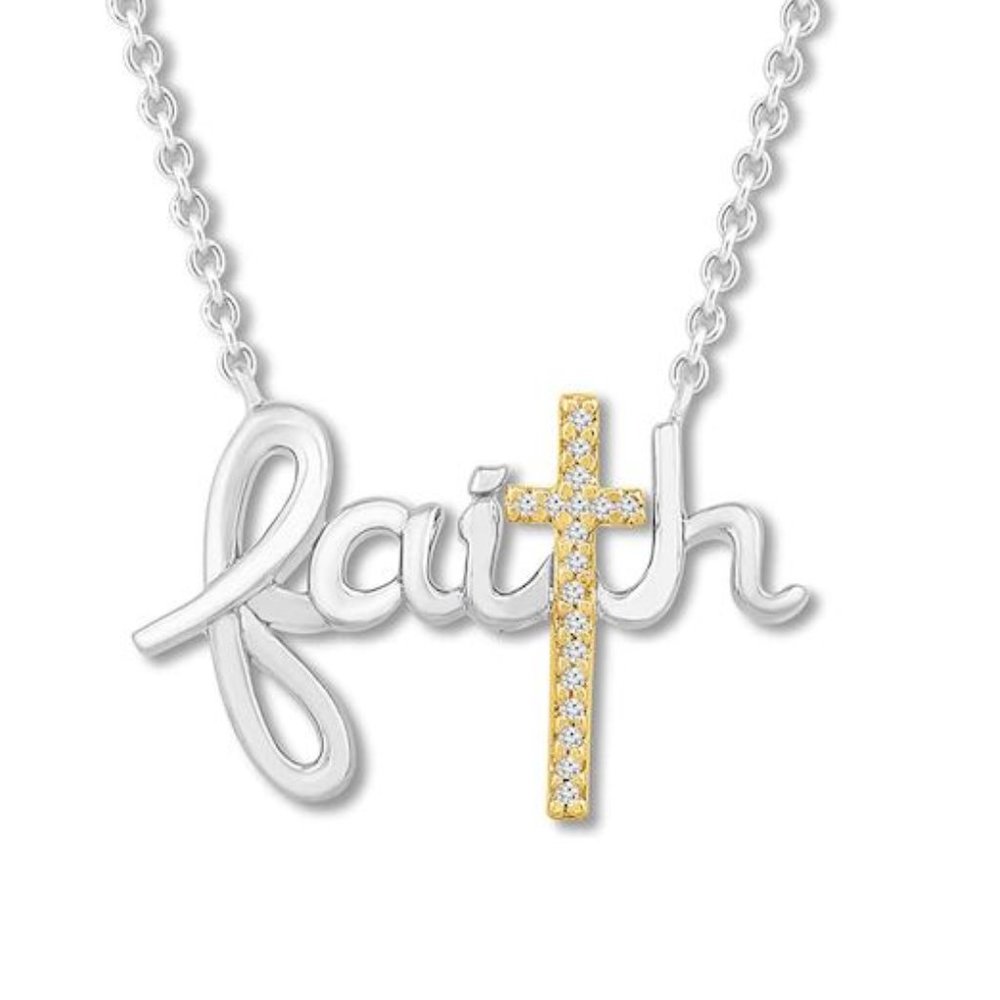 Diamond "Faith" Cross Necklace Sterling Silver/10K